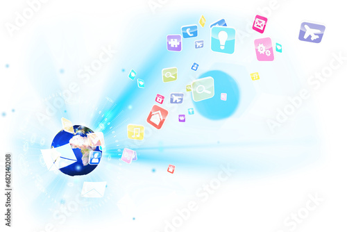 Digital png illustration of earth, envelopes and computer icons on transparent background