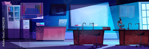 Cartoon night empty school chemistry classroom interior with laboratory equipment and supplies. Dark lab for chemical experiments and education with chalkboard and desk with glassware under moonlight.