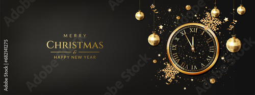 Christmas and New Year greeting card with new year clock, balls, snowflakes, ribbons and confetti.