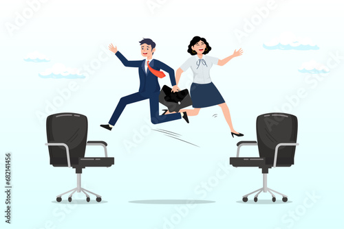 Businessman and woman jump on office chair metaphor of job rotation, job rotation or employee switch position for new skill and experience, moving to new responsibility within organization (Vector)