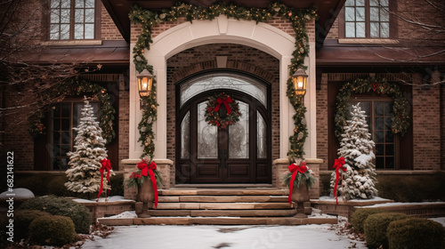 Residential house building front door entrance decorated for Christmas. Generative AI