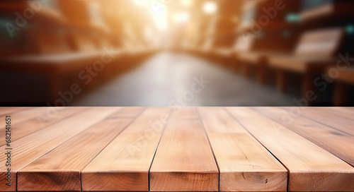 a wooden table top with a blur background of lights in the background of the table and the table top is made of wood and has a wooden surface with a. generative ai © chartchai