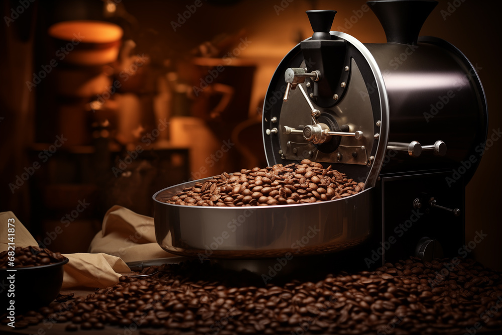 Coffee grounds at roaster machine closeup view. Generative AI