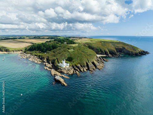 St Anthony's Head Lighthouse, Truro Cornwall aerial view. photo