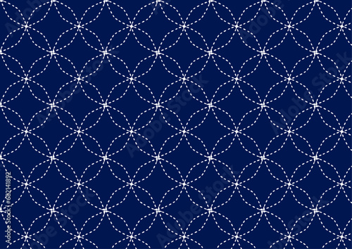 和柄　刺し子角七宝パターン（白）背景紺Japanese Pattern Series: Sashiko Pattern