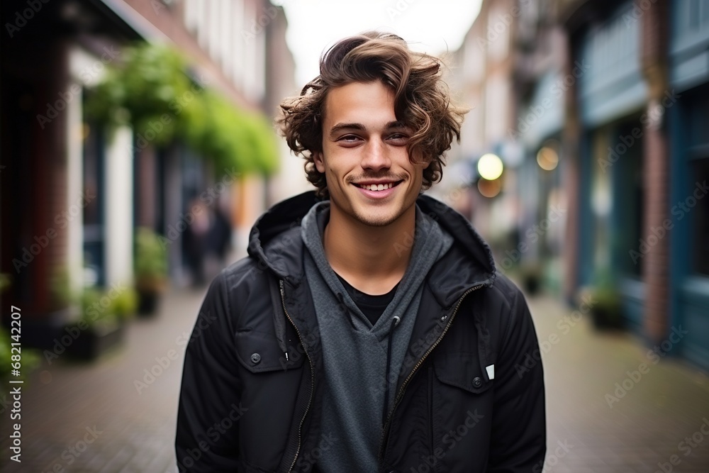 Fototapeta premium A beautiful and handsome smiling, happy and pleased man with positive vibes. Human person dressed in fashionable, colorful and fun clothes. Generative AI, AI