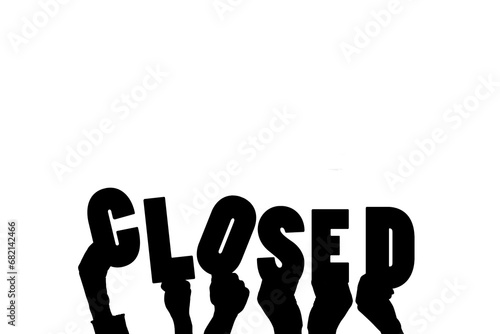 Digital png illustration of hands and closed text on transparent background