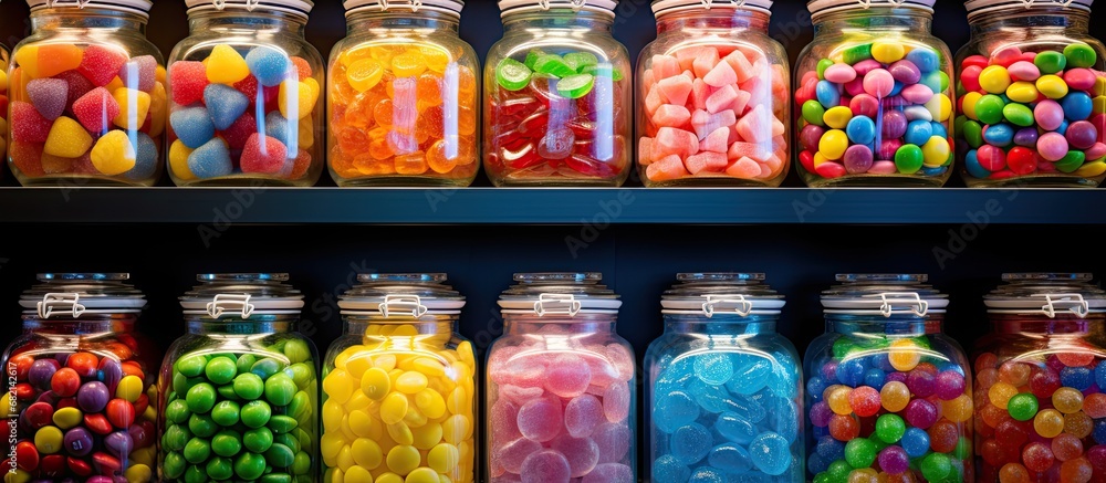 In the midst of a vibrant rainbow, a display of colorful candies fills the glass jars, tempting passersby with their sweet sugary allure. Shades of pink, yellow, and orange stand out, while the green
