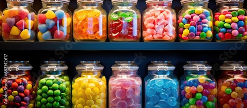 In the midst of a vibrant rainbow, a display of colorful candies fills the glass jars, tempting passersby with their sweet sugary allure. Shades of pink, yellow, and orange stand out, while the green