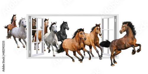 Nine auspicious horses galloped in 3d running windows and white blackground.