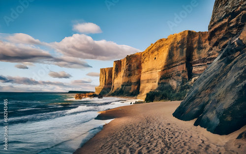 Majestic Seascapes, Sunrise Illuminating Rocky Cliffs Along a Rugged Coastal Shoreline photo