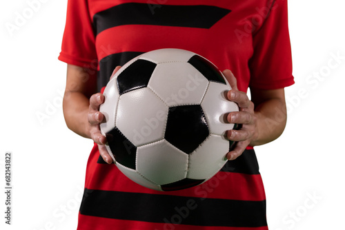 Digital png photo of mid section of female football player holding ball on transparent background