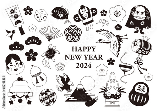 モノクロ お正月イラストセット