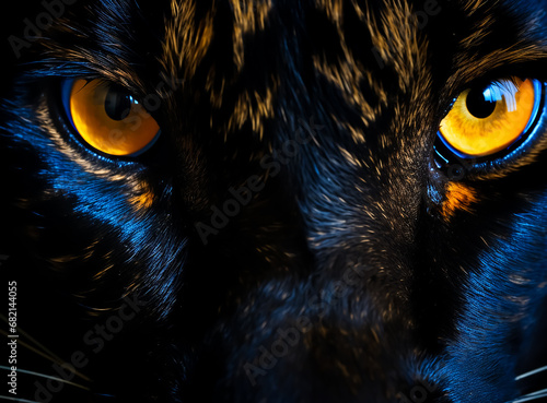 Black Panther Cloe up portrait, Serious Eyes look, beautiful face, Black and Gold fur 