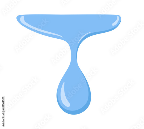 Water drop dripping, flowing down. Aqua blob falling, leaking. Clean pure liquid, waterdrop falls. Blue clear droplet motion, design element. Flat vector illustration isolated on white background