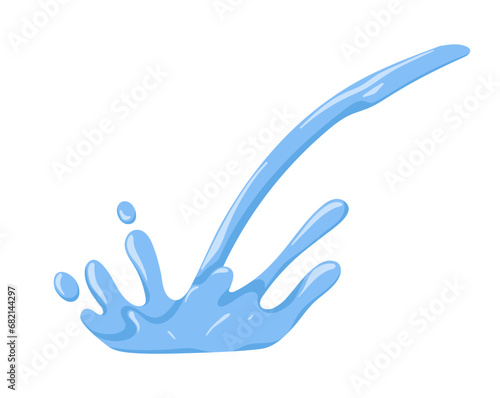 Water splash, spray, jet. Aqua spatter, power, energy. Blue clean liquid in motion, design element. Dynamic fluid, refreshing splatter, stream. Flat vector illustration isolated on white background