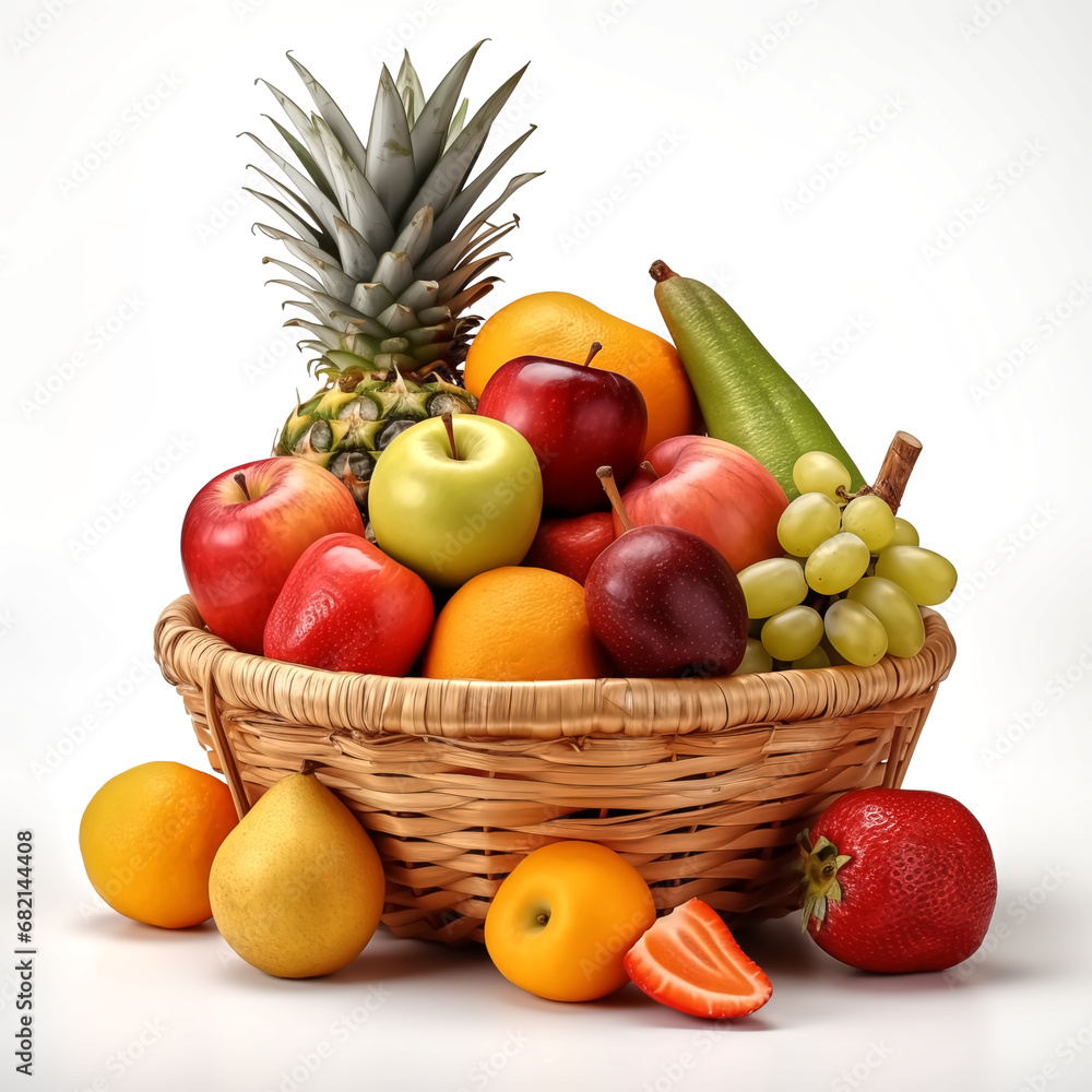 variety of fruits in basket, white background, depth of field f2