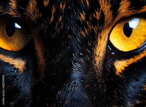 Black Panther Cloe up portrait, Serious Eyes look, beautiful face, Black and Gold fur 