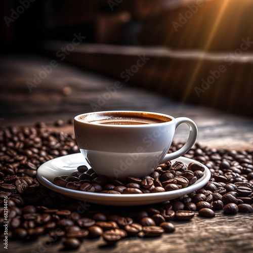 coffee cup with coffee bean on wooden table, depth of field