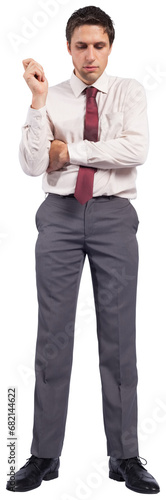 Digital png photo of waiting caucasian businessman looking down on transparent background