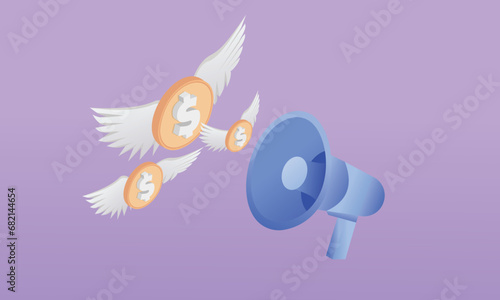 3d minimal megaphone speaker or bullhorn speaker for promotion announcement Megaphone sound with money coins coming out.on pastel purple background.