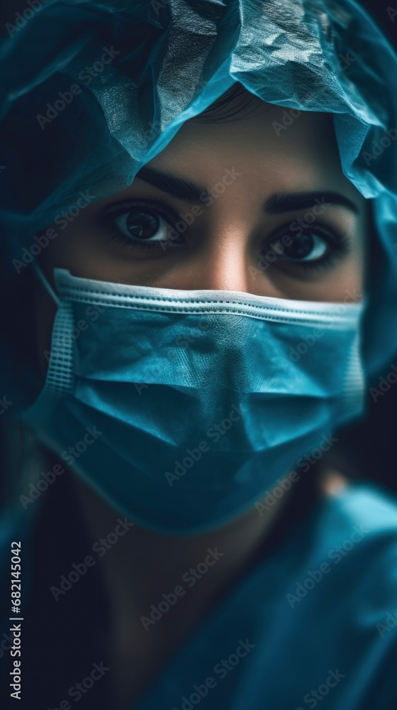 Portrait of nurse with sterile uniform and mask looking at the camera. Generative ai Portrait of nurse with sterile uniform and mask looking at the camera. Generative ai