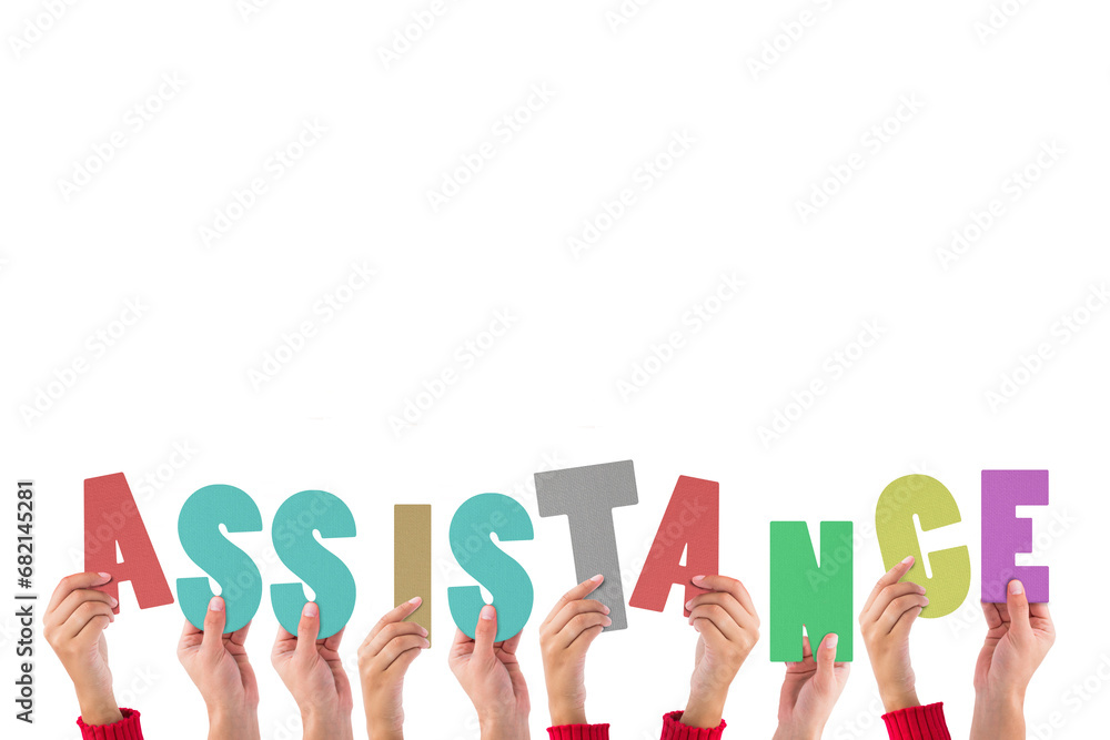 Digital png illustration of hands and assistance text on transparent background Digital png illustration of hands and assistance text on transparent background