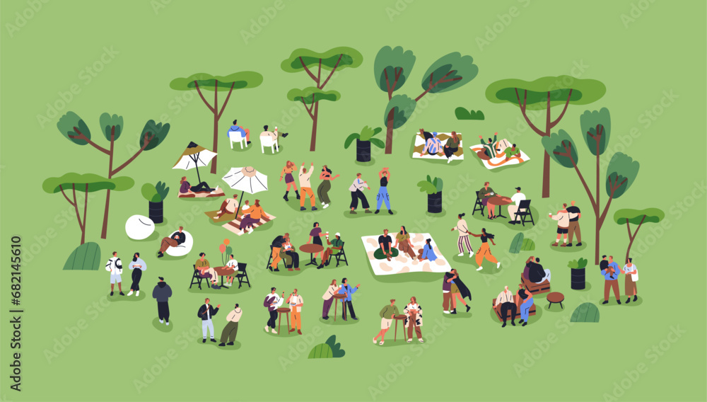 Characters relaxing in park on summer holiday. Tiny people resting at open-air festival in nature, meeting, gathering outside. Outdoor relaxation, picnic, weekend leisure. Flat vector illustration Characters relaxing in park on summer holiday. Tiny people resting at open-air festival in nature, meeting, gathering outside. Outdoor relaxation, picnic, weekend leisure. Flat vector illustration