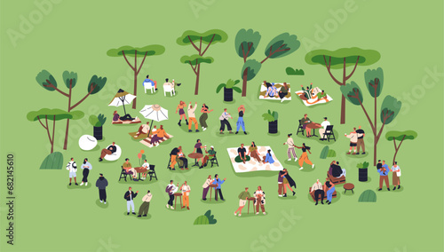 Characters relaxing in park on summer holiday. Tiny people resting at open-air festival in nature, meeting, gathering outside. Outdoor relaxation, picnic, weekend leisure. Flat vector illustration photo