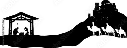 A Christmas nativity scene with baby Jesus in the manger, wise men and city of Bethlehem in the background