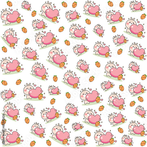 Seamless pattern of cartoon rabbit holding a cute heart. For printing on various objects