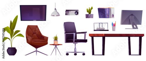 Modern company office furniture and equipment isolated on white background. Vector cartoon illustration of desk, armchairs and green plant on table, computer, tv, projector for business presentation