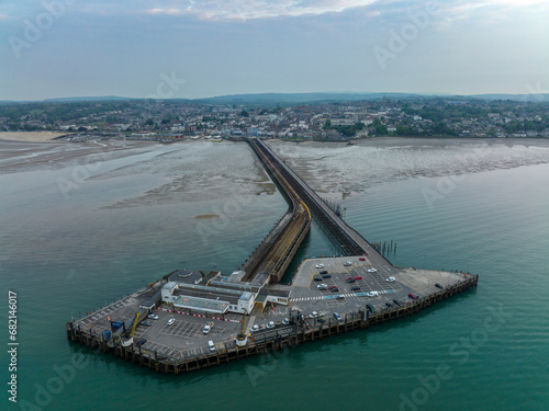 Aerial photo of Ryde Pier Isle of Wight early evening.  It is the world's oldest seaside pleasure pier.