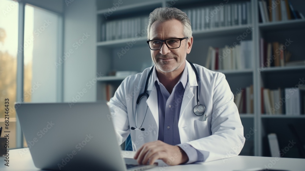 Doctor making video call using zoom meeting online app via laptop computer in medical office. Doctor making video call using zoom meeting online app via laptop computer in medical office.