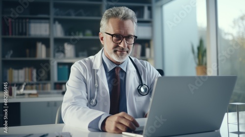 Doctor making video call using zoom meeting online app via laptop computer in medical office.