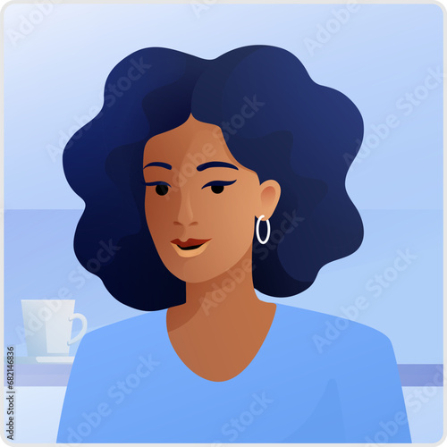 A woman looking straight forward like in a profile picture or online avatar profile illustration. Could also be on an online call or in an internet video conference virtual meeting.
