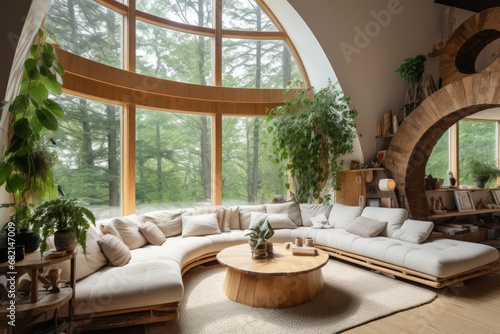 The rustic-style living room is decorated with a large pine circle on the wall.