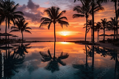 Sunset with silhuettes palm and reflection in swimming pool 