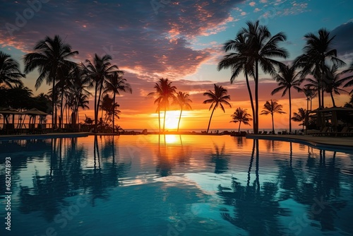 Sunset with silhuettes palm and reflection in swimming pool 