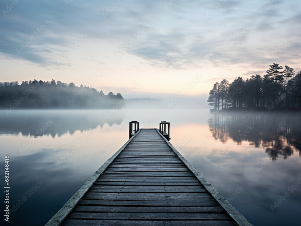 Serene and Misty Lakeside Scene at Dawn