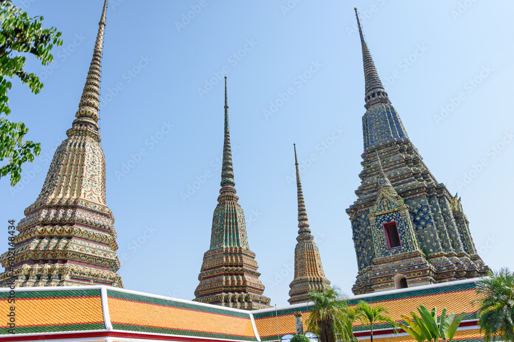 Ornate stupa with colourful ceramic tiles, Wat Pho, Bangkok, Thailand