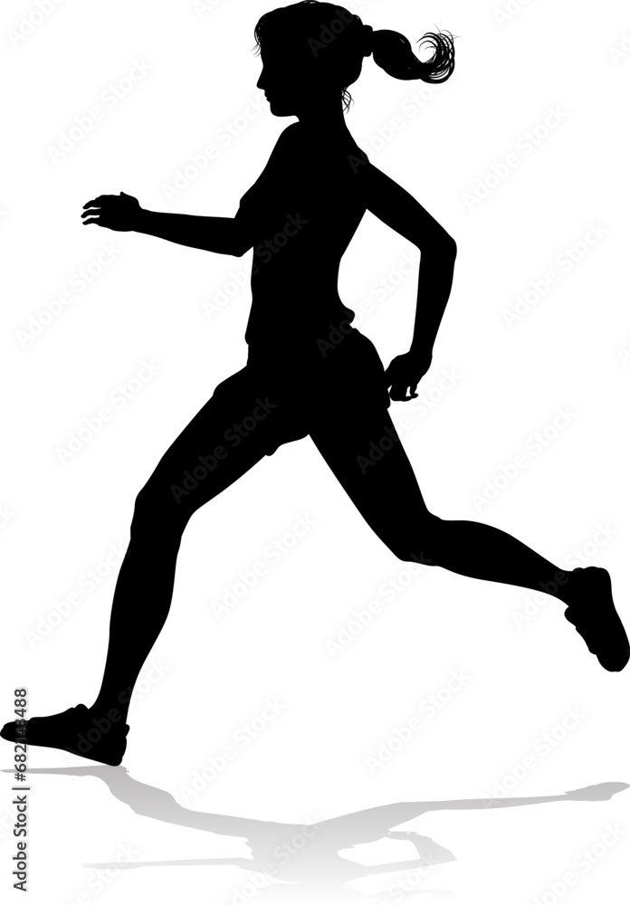A Runner silhouette sprinter runner or jogger running track or jogging. Detailed person silhouette in outline. Woman female athlete racing.