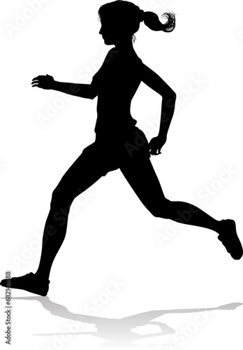 A Runner silhouette sprinter runner or jogger running track or jogging. Detailed person silhouette in outline. Woman female athlete racing.