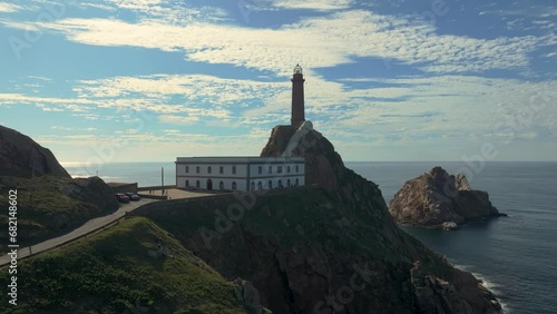 Drone footage of Cape Vilan Lighthouse Museum in Camarinas, A Coruna, Spain