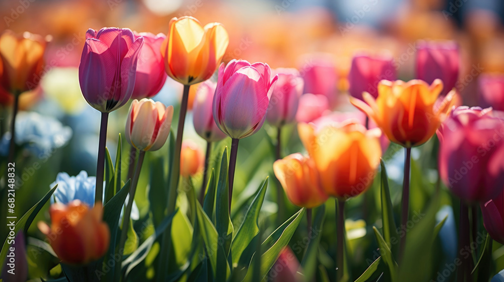 Colorful tulips close-up on a sunny day - obrazy, fototapety, plakaty 