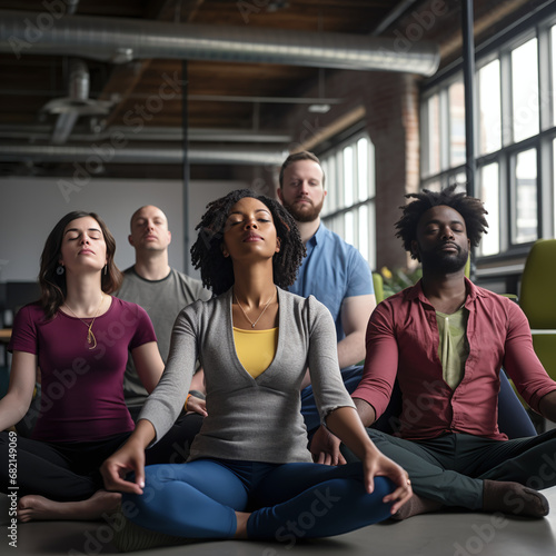 Group of Coworkers Engaged in a Stress-Relief Yoga Session