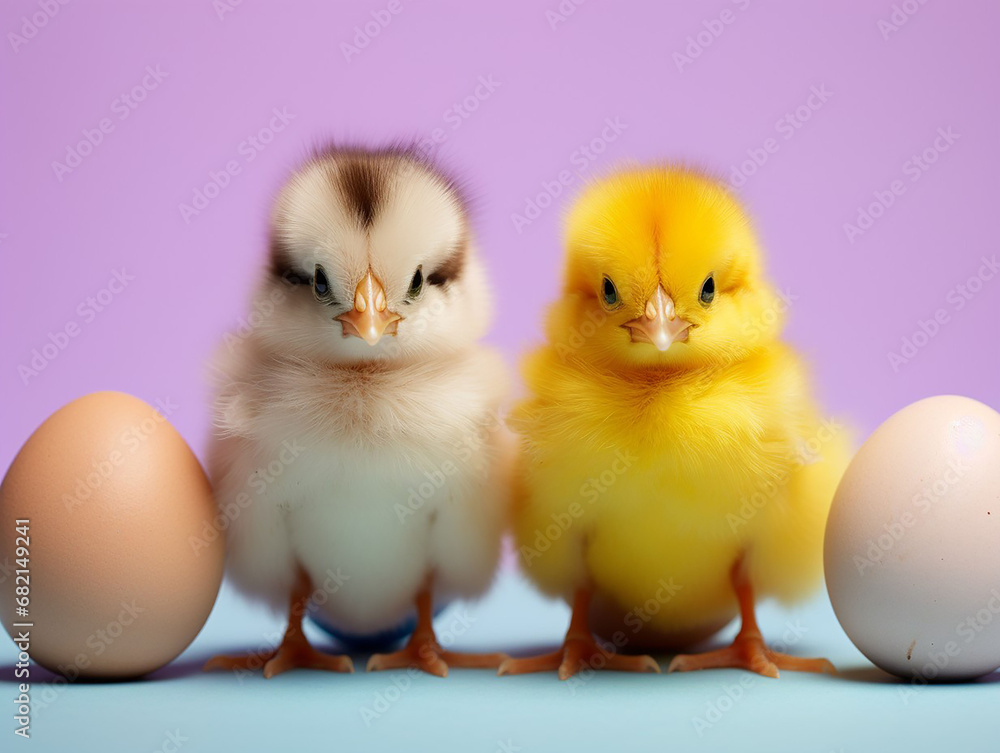 two chicks with eggs on light purple background. Easter concept