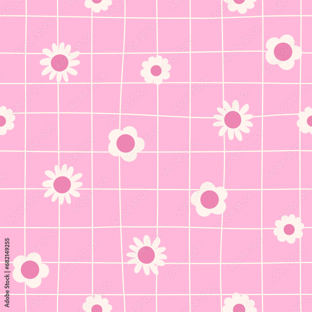 Pink y2k floral patern with hand drawn grid. Doodle daisy flowers on plaid seamless background. Girly texture for card, cover, wallpaper, wrapping paper design Pink y2k floral patern with hand drawn grid. Doodle daisy flowers on plaid seamless background. Girly texture for card, cover, wallpaper, wrapping paper design