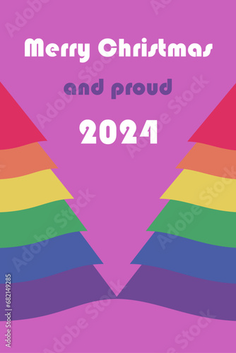 Two lgbt christmas trees together on greeting card with  gay pride message