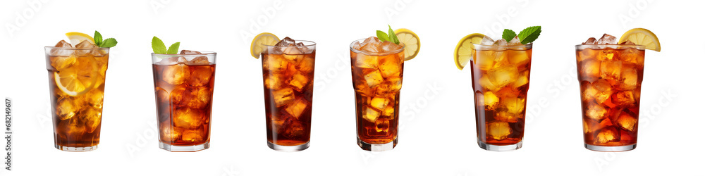 Collection set a glass of iced tea isolated on a transparent background, cut out - obrazy, fototapety, plakaty 